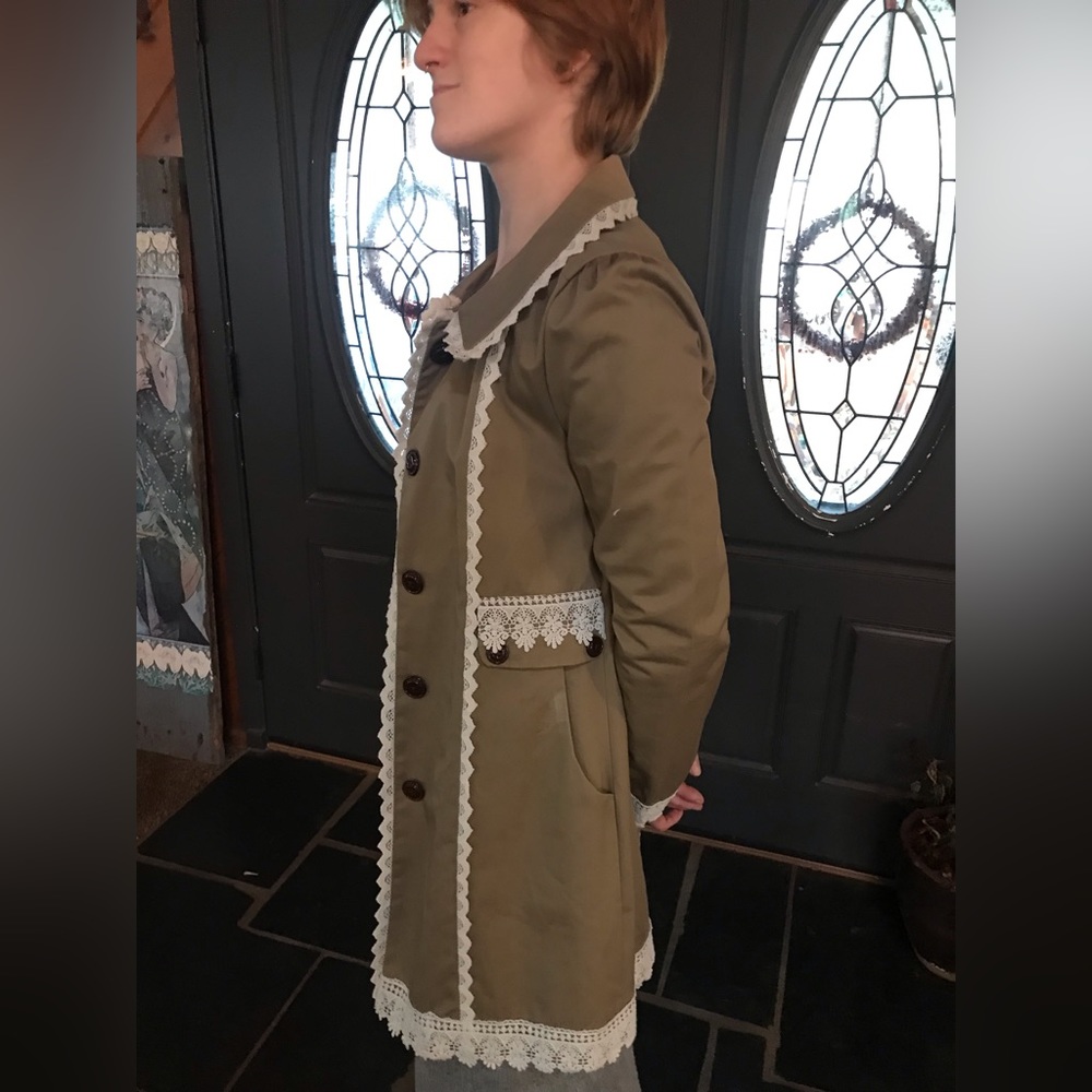 Olive Green Lace-Trim Women's Coat - Picture 2 of 4
